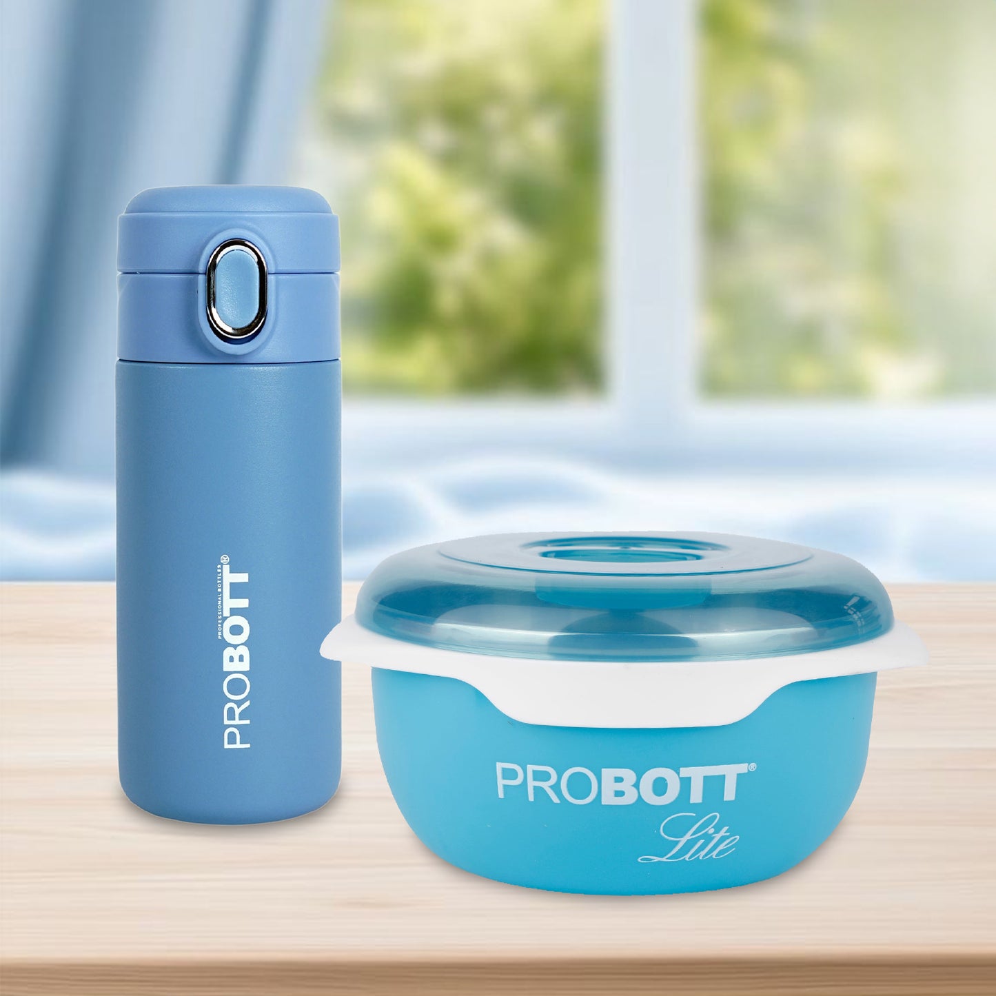 Probott Pride 300ml Travel Flask with Lite Munchy Stainless Steel Lunch Box (All-Blue Combo Pack)