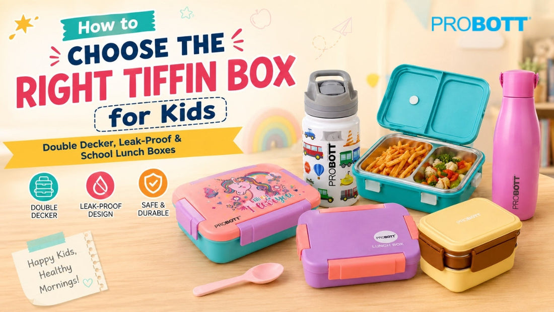 Colorful kids’ tiffin boxes and water bottles showcasing double-decker, leak-proof, and school lunch box options for children.