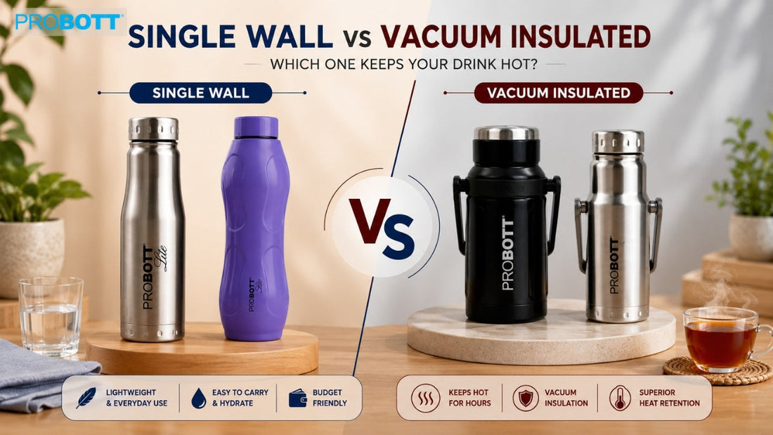 Side-by-side comparison of single wall and vacuum insulated stainless steel bottles, highlighting lightweight everyday bottles and insulated flasks for superior heat retention.
