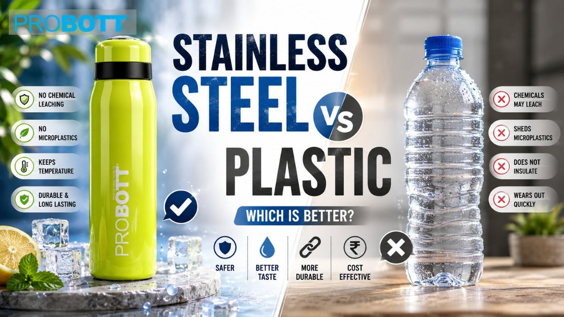 PROBOTT stainless steel water bottle compared with a plastic bottle, highlighting durability, hygiene and everyday hydration benefits