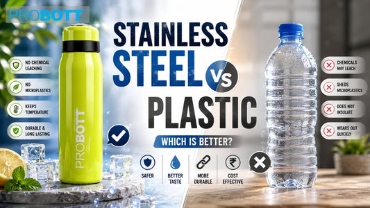 PROBOTT stainless steel water bottle compared with a plastic bottle, highlighting durability, hygiene and everyday hydration benefits
