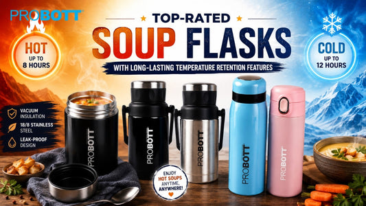 PROBOTT top-rated soup flasks with vacuum insulation, steaming hot soup, stainless steel thermal containers, and long-lasting temperature retention for office lunch and travel use.