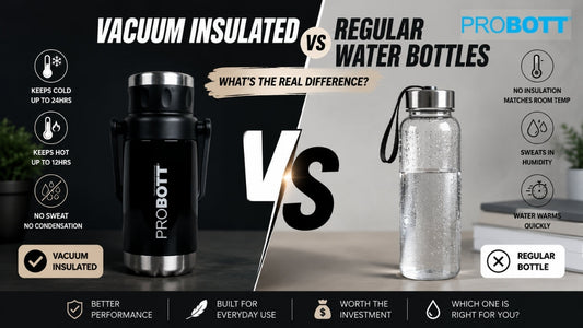 Vacuum insulated water bottle vs regular water bottle comparison showing temperature retention, condensation, and everyday performance differences.