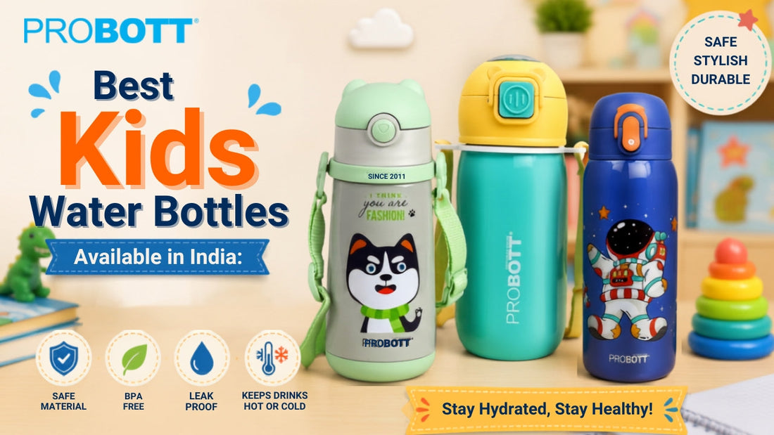 Three Probott kids water bottles in green, teal, and blue with cartoon and astronaut designs, labelled safe, BPA-free, and leak-proof.
