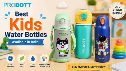 Three Probott kids water bottles in green, teal, and blue with cartoon and astronaut designs, labelled safe, BPA-free, and leak-proof.