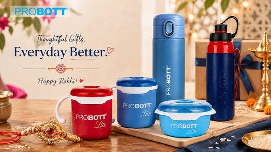 Rakhi gift ideas featuring PROBOTT bottles, mugs and containers arranged with festive Rakhi decorations and gift accents, highlighting practical everyday gifts for siblings.