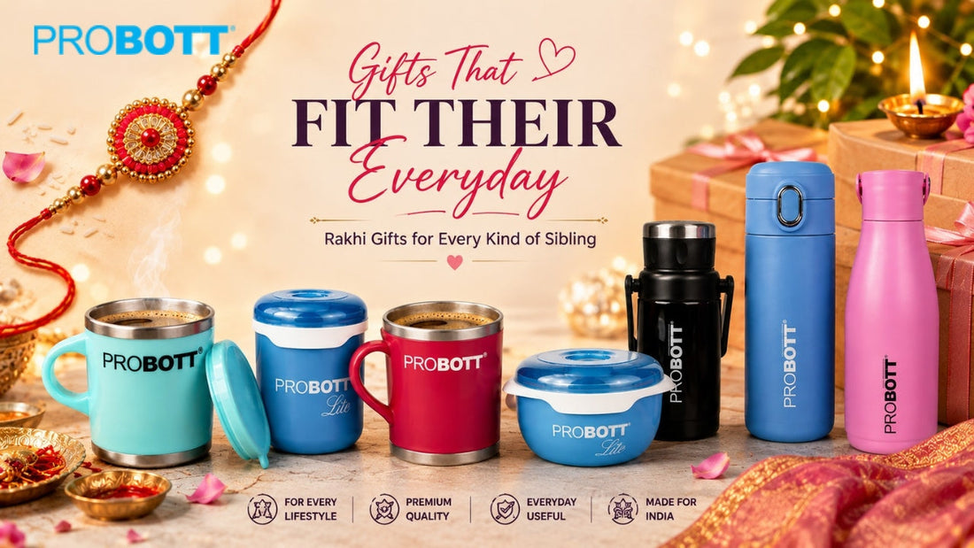 Rakhi gift ideas for every kind of sibling featuring colorful PROBOTT mugs, tiffin containers, and water bottles in a festive setting.