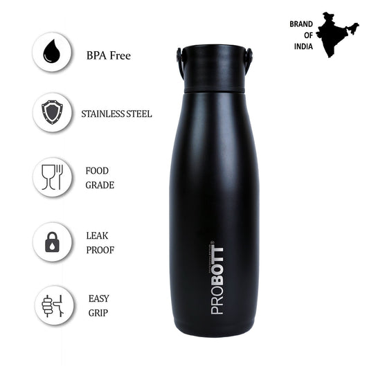 Probott Trendy 480ml Stainless Steel Water Bottles, Vacuum Insulated Flask Bottles, Black | Hot and Cold | Easy to Carry | Leak Proof