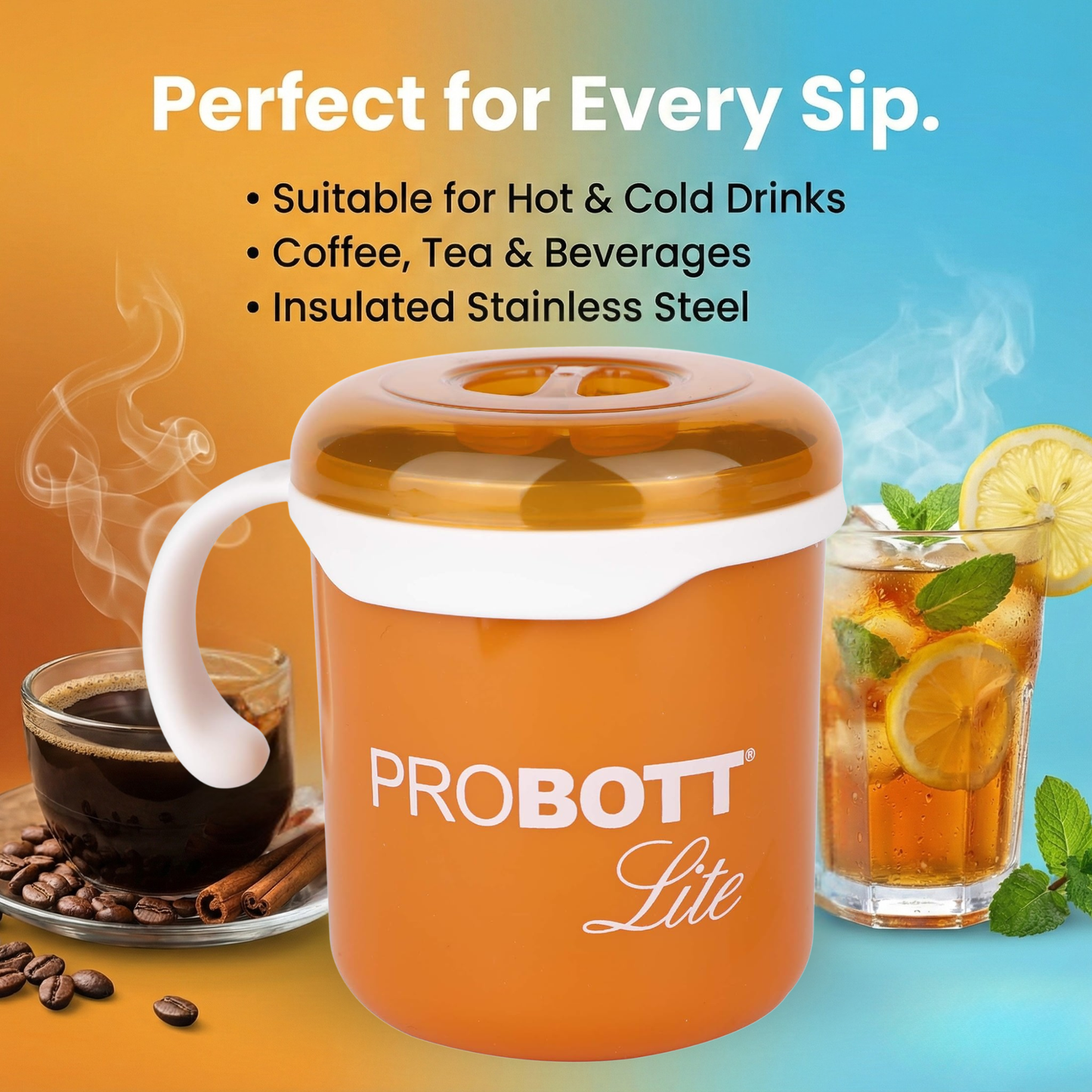 PROBOTT LITE Cuppa Stainless Steel Mug/Cup with Lid 280ml, Stylish Cup Ideal for Hot & Cold Coffee, Tea | Desk Mug – Orange