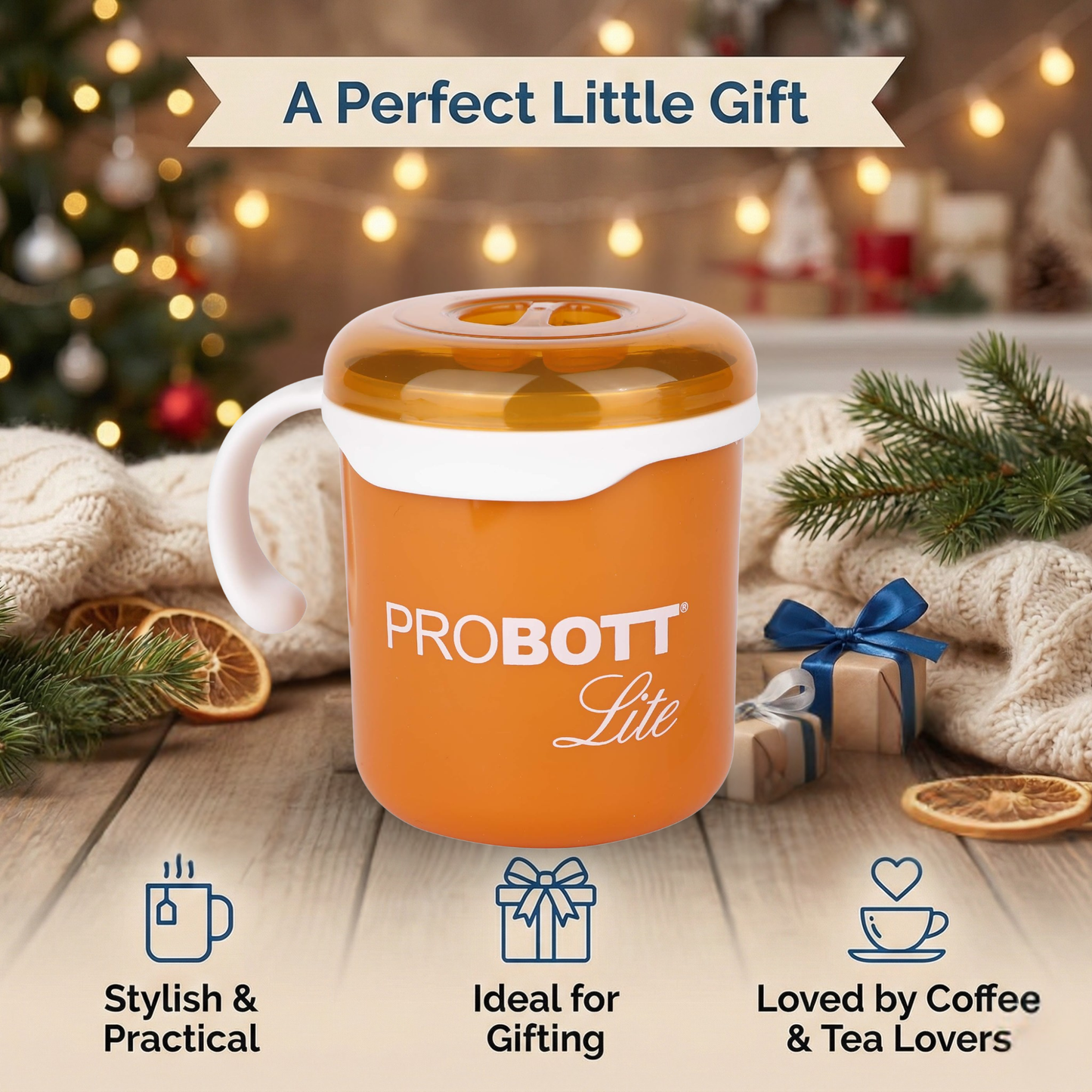 PROBOTT LITE Cuppa Stainless Steel Mug/Cup with Lid 280ml, Stylish Cup Ideal for Hot & Cold Coffee, Tea | Desk Mug – Orange