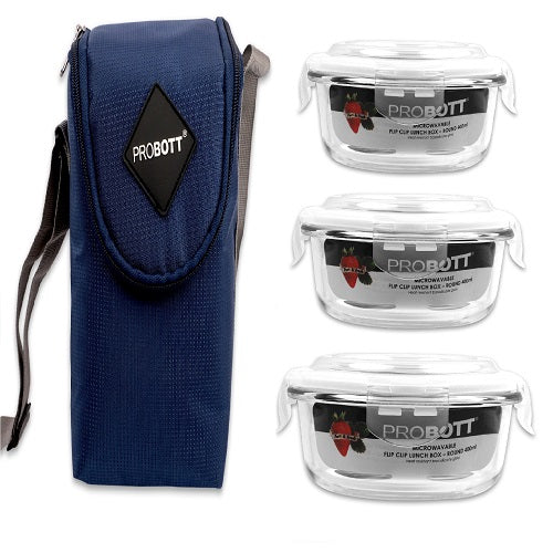 PROBOTT Vetroware Borosilicate Flip Clip Lunch Box Round Shape Set with Standing Bag, 400ml+400ml+400ml, 3-Pieces, Transparent PV 333-R_Blue Bag