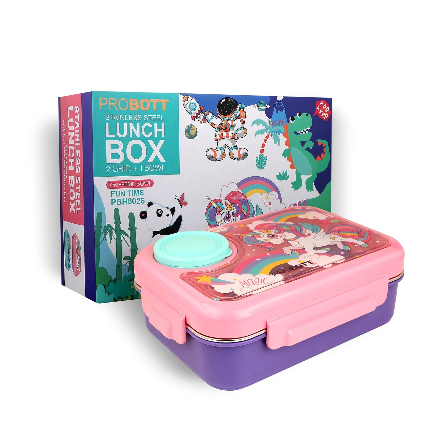 PROBOTT Fun Time 750ml Stainless Steel Lunch Box, 2 Compartment with 1 Bowl & 1 Spoon 1 Fork Tiffin Box, Character Lid | Pink