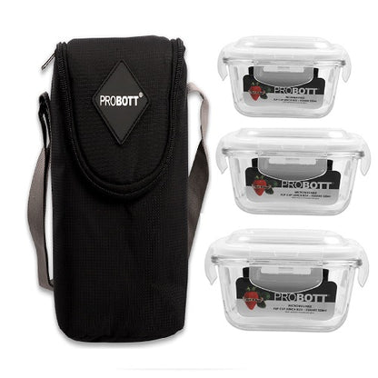 PROBOTT Vetroware Borosilicate Flip Clip Lunch Box Square Shape Set with Standing Bag, 320ml+320ml+320ml, 3-Pieces, Transparent PV 333-S_Black Bag