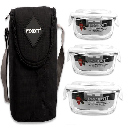 PROBOTT Vetroware Borosilicate Flip Clip Lunch Box Round Shape Set with Standing Bag, 400ml+400ml+400ml, 3-Pieces, Transparent PV 333-R_Black Bag