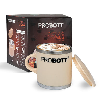 PROBOTT Costa Stainless Steel Mug/Cup with Lid, Stylish Cup Ideal for Hot & Cold Coffee, Tea – Cream