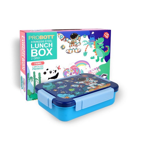 PROBOTT Lunch On 750ml Stainless Steel Lunch Box, 2 Grid Tiffin Box, Character Lid Made with Heavy Quality PP Material Perfect for School, Office Use | Dark Blue+Blue