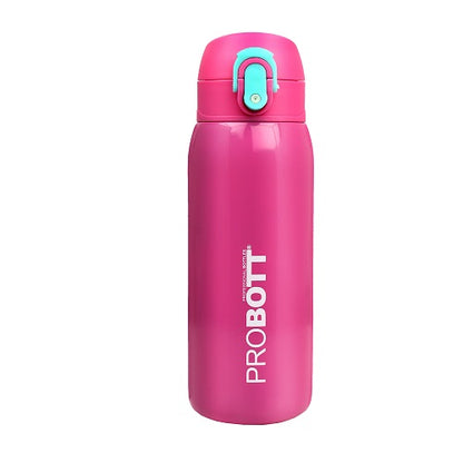 Probott Little 390ml Thermoses Vacuum Insulated Flask, Stainless Steel Water Bottle for Kids, Pink | One-Click-Open Leak-Proof Locking Flip Lid