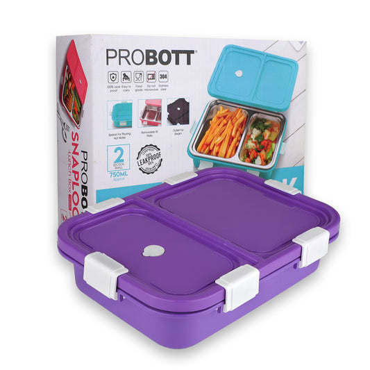 PROBOTT Snaplock 750 ml Stainless Steel Lunch Box, 2 Grid BPA Free Tiffin Box, Perfect for School, Office, Travel, Picnic | Purple