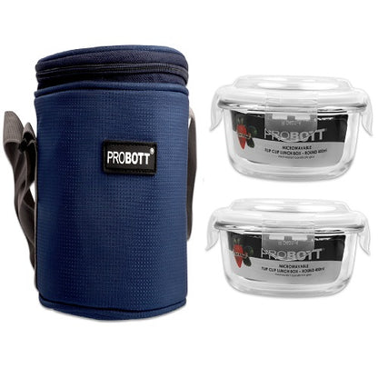 PROBOTT Vetroware Borosilicate Flip Clip Lunch Box Round Shape Set with Standing Bag, 400ml+400ml, 2-Pieces, Transparent PV 222-RS_Blue Bag