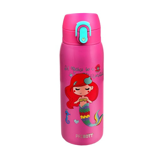 Probott Champ 390ml Thermoses Vacuum Insulated Flask, Stainless Steel Water Bottle for Kids, Pink | One-Click-Open Leak-Proof Locking Flip Lid