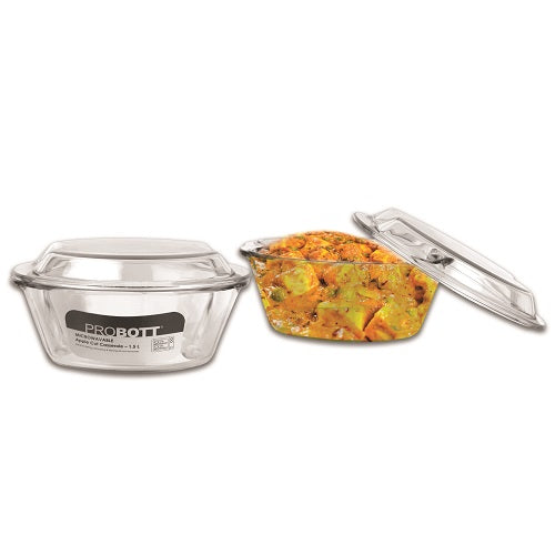 PROBOTT Vetroware Borosilicate Glass Casserole for Roti Chapati Rice, Curry Serve Deep Round Oven And Microwave Safe Serving Bowl With Glass Lid PV Apple Cut Casserole_1.5Ltr