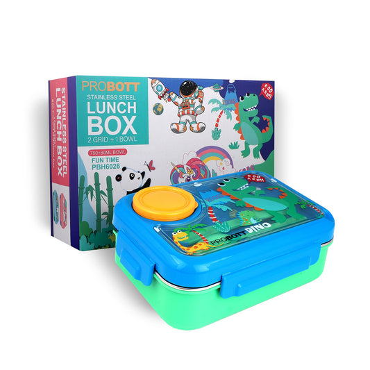 PROBOTT Fun Time 750ml Stainless Steel Lunch Box, 2 Compartment with 1 Bowl & 1 Spoon 1 Fork Tiffin Box, Character Lid | Blue + Green