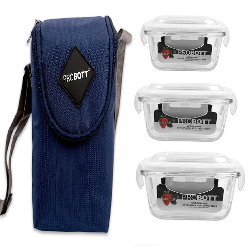 PROBOTT Vetroware Borosilicate Flip Clip Lunch Box Square Shape Set with Standing Bag, 320ml+320ml+320ml, 3-Pieces, Transparent PV 333-S_Blue Bag