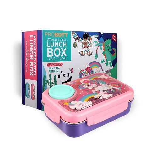 PROBOTT Fun Time 750ml Stainless Steel Lunch Box, 3 Grid with 80ml Bowl, 1 Spoon, 1 Fork Tiffin Box, Character Lid Made with Heavy Quality PP Material Perfect for School, Office Use | Pink + Purple