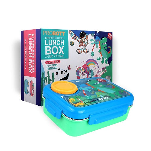 PROBOTT Fun Time 750ml Stainless Steel Lunch Box, 3 Grid with 80ml Bowl, 1 Spoon, 1 Fork Tiffin Box, Character Lid Made with Heavy Quality PP Material Perfect for School, Office Use | Blue+Green