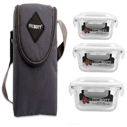 PROBOTT Vetroware Borosilicate Flip Clip Lunch Box Square Shape Set with Standing Bag, 320ml+320ml+320ml, 3-Pieces, Transparent PV 333-S_Grey Bag