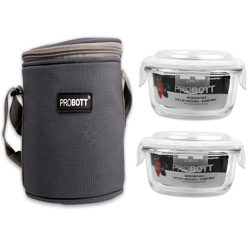 PROBOTT Vetroware Borosilicate Flip Clip Lunch Box Round Shape Set with Standing Bag, 400ml+400ml, 2-Pieces, Transparent PV 222-RS_Grey Bag