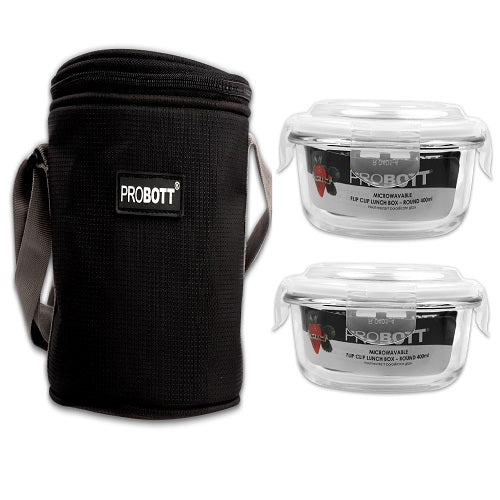 PROBOTT Vetroware Borosilicate Flip Clip Lunch Box Round Shape Set with Standing Bag, 400ml+400ml, 2-Pieces, Transparent PV 222-RS_Black Bag