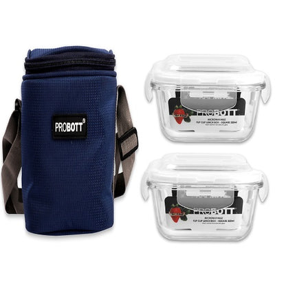 PROBOTT Vetroware Borosilicate Flip Clip Lunch Box Square Shape Set with Standing Bag, 320ml+320ml, 2-Pieces, Transparent PV 222-SS_Blue Bag