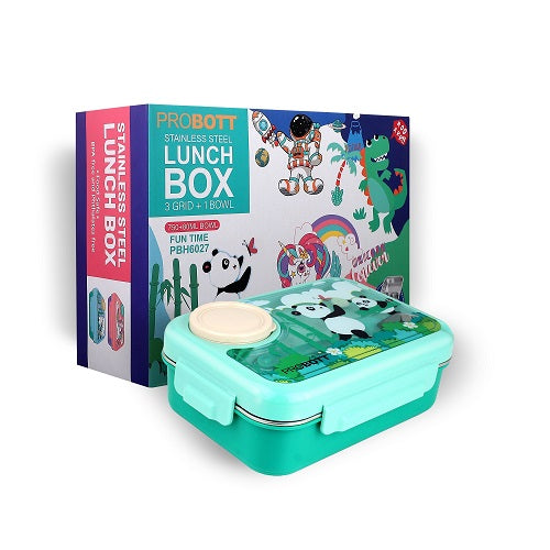 PROBOTT Fun Time 750ml Stainless Steel Lunch Box, 3 Grid with 80ml Bowl, 1Spoon, 1Fork Tiffin Box, Character Lid Made with Heavy Quality PP Material Perfect for School, Office Use | Aqua Blue + Green