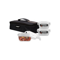 PROBOTT Vetroware Borosilicate Flip Clip Lunch Box Square Shape Set with Flat Bag, 320ml+320ml, 2-Pieces, Transparent PV 222-SF_Black Bag