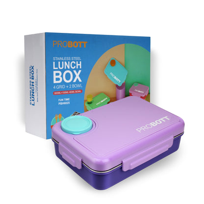 PROBOTT Fun Time 900ml Stainless Steel Lunch Box, 4 Grid with 2 Bowl Tiffin Box, Perfect for School, Office Use | Purple