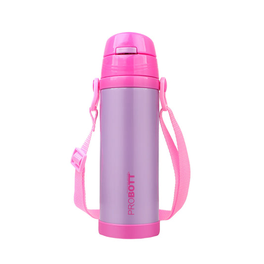 Probott Tom 500ml Hot & Cold Vacuum Insulated Flask Sipper Bottle with Straw & Strap for Kids, Pink