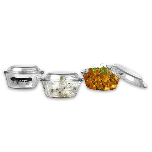 PROBOTT Vetroware Borosilicate Glass Casserole for Roti Chapati Rice, Curry Serve Deep Round Oven And Microwave Safe Serving Bowl With Glass Lid PV Apple Cut Casserole_1Ltr