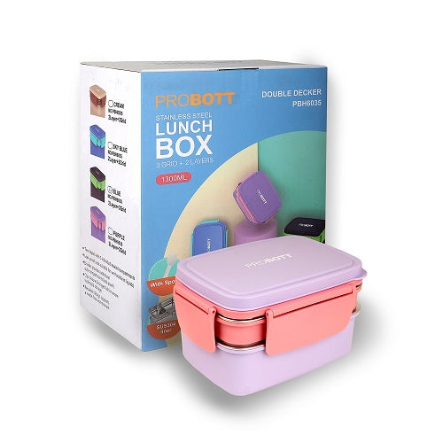 PROBOTT Double Decker 1300ml Stainless Steel Lunch Box, 2 Layers with 3 Grid, 1 Spoon Tiffin Box, Lid Made with Heavy Quality PP Material Perfect for School, Office Use | Light Purple