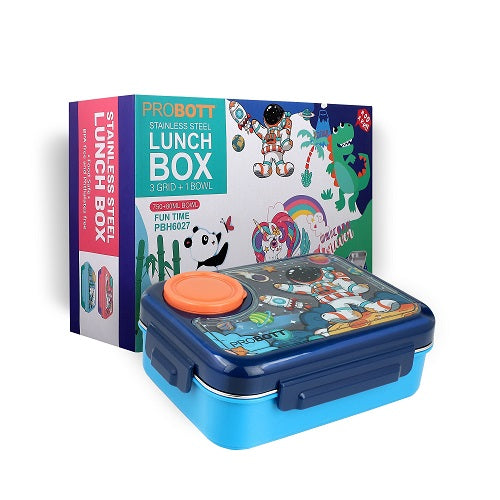 PROBOTT Fun Time 750ml Stainless Steel Lunch Box, 3 Grid with 80ml Bowl, 1 Spoon, 1 Fork Tiffin Box, Character Lid Made with Heavy Quality PP Material Perfect for School, Office Use | Dark Blue + Blue