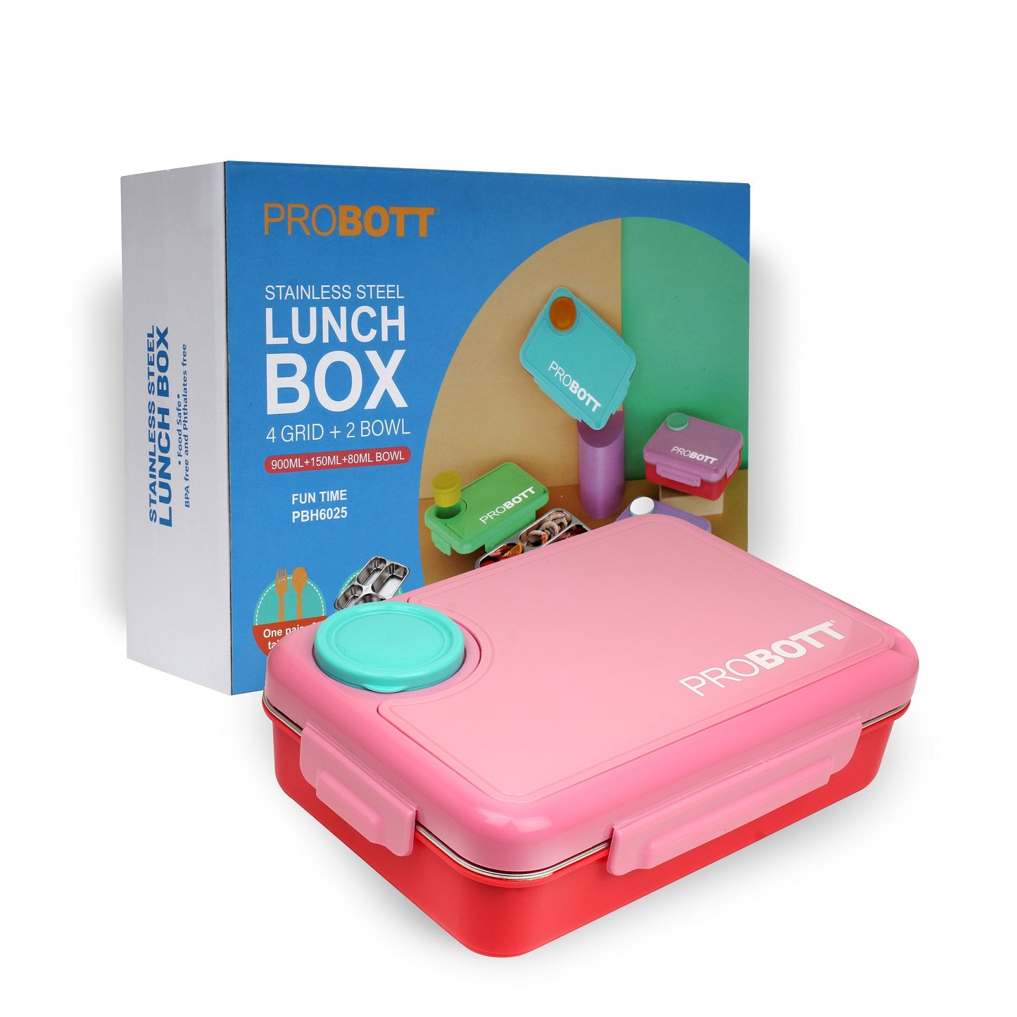 PROBOTT Fun Time 900ml Stainless Steel Lunch Box, 4 Grid with 2 Bowl Tiffin Box, Perfect for School, Office Use | Pink