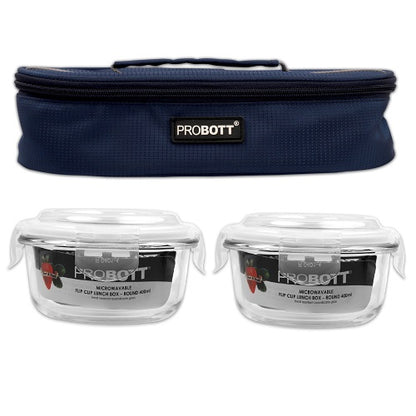 PROBOTT Vetroware Borosilicate Flip Clip Lunch Box Round Shape Set with Flat Bag, 400ml+400ml, 2-Pieces, Transparent PV 222-RF_Blue Bag