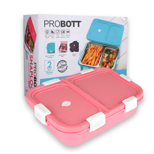 PROBOTT Snaplock 750 ml Stainless Steel Lunch Box, 2 Grid BPA Free Tiffin Box, Perfect for School, Office, Travel, Picnic | Pink