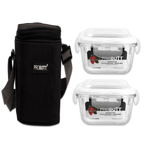 PROBOTT Vetroware Borosilicate Flip Clip Lunch Box Square Shape Set with Standing Bag, 320ml+320ml, 2-Pieces, Transparent PV 222-SS_Black Bag