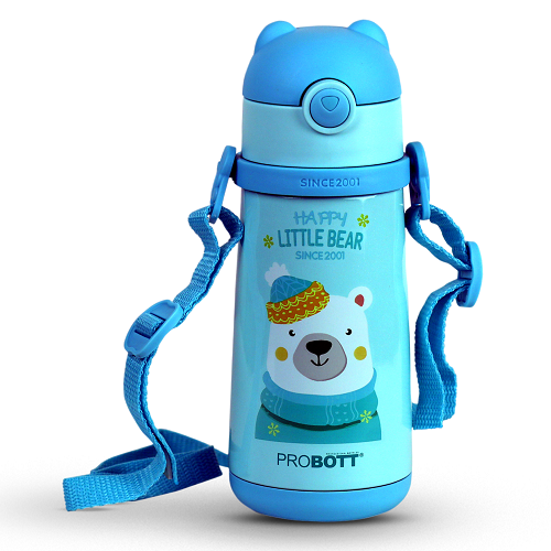 Probott School Champ 370ml Sipper Bottle for Kid with Straw & Strap to Carry, Blue | Stainless Steel Hot & Cold Water Bottle for Kids