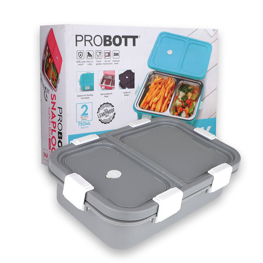 PROBOTT Snaplock 750 ml Stainless Steel Lunch Box, 2 Grid BPA Free Tiffin Box, Perfect for School, Office, Travel, Picnic | Grey