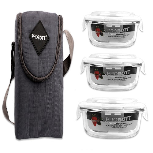 PROBOTT Vetroware Borosilicate Flip Clip Lunch Box Round Shape Set with Standing Bag, 400ml+400ml+400ml, 3-Pieces, Transparent PV 333-R_Grey Bag