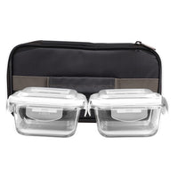 PROBOTT Vetroware Borosilicate Flip Clip Lunch Box Square Shape Set with Flat Bag, 320ml+320ml, 2-Pieces, Transparent PV 222-SF_Grey Bag