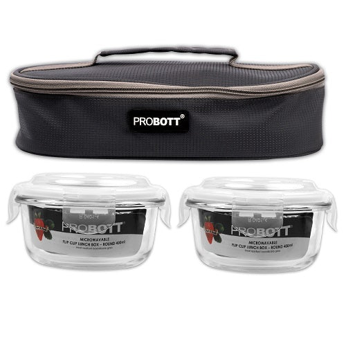 PROBOTT Vetroware Borosilicate Flip Clip Lunch Box Round Shape Set with Flat Bag, 400ml+400ml, 2-Pieces, Transparent PV 222-RF_Grey Bag