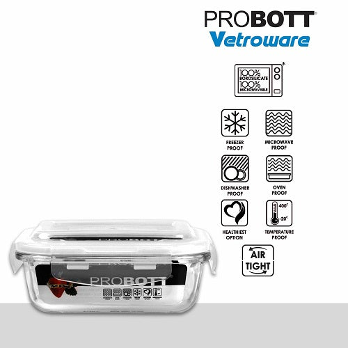 PROBOTT Vetroware Borosilicate Flip Clip Lunch Box Rectangular Shape, 370ml, 1-Pieces, Transparent PV 111-RQ